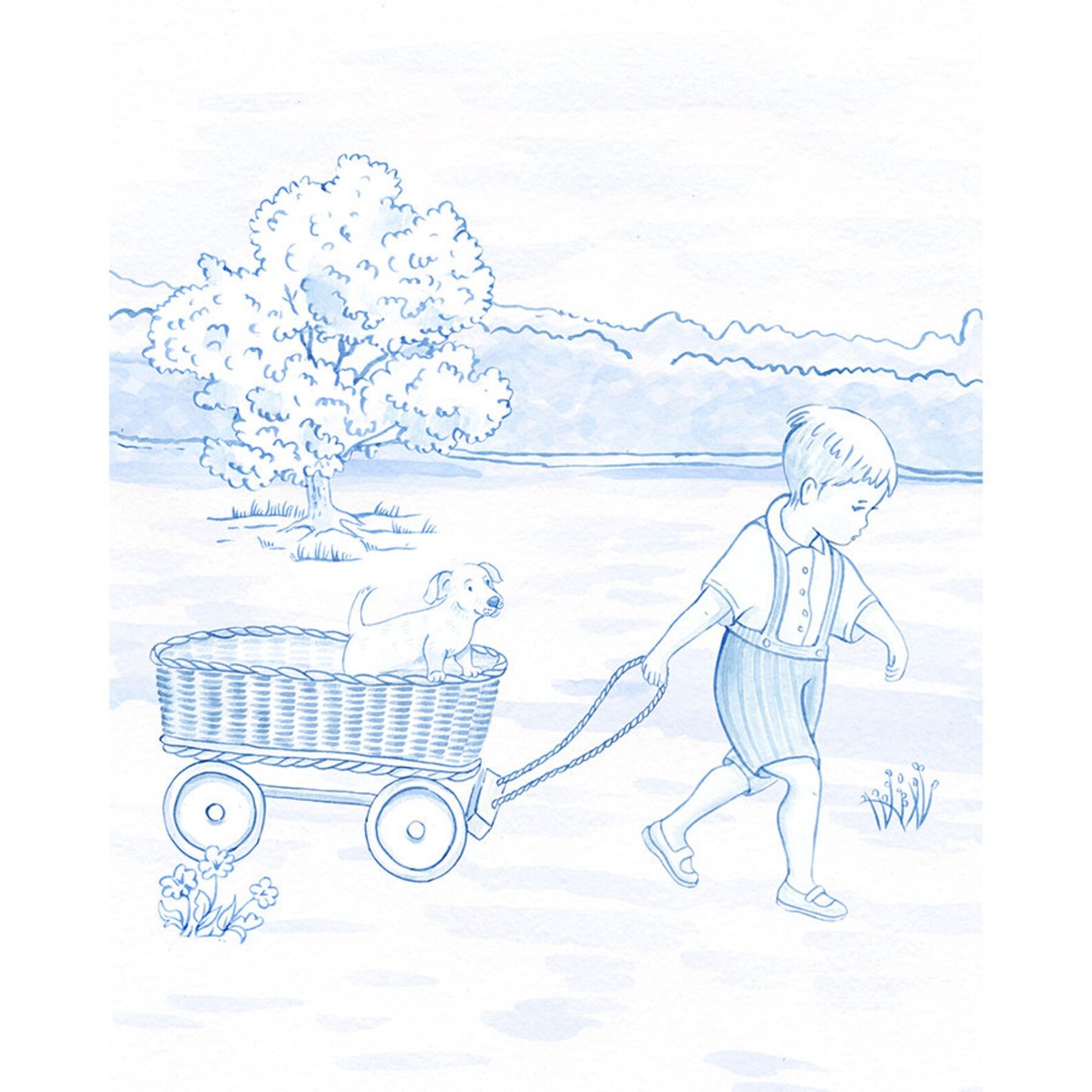 Boy, Puppy and a Wagon Art Print