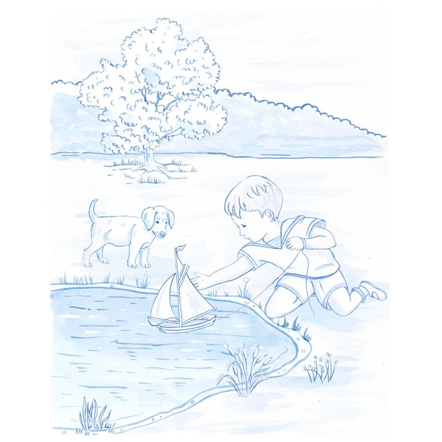 Boy, Puppy and a Boat Art Print