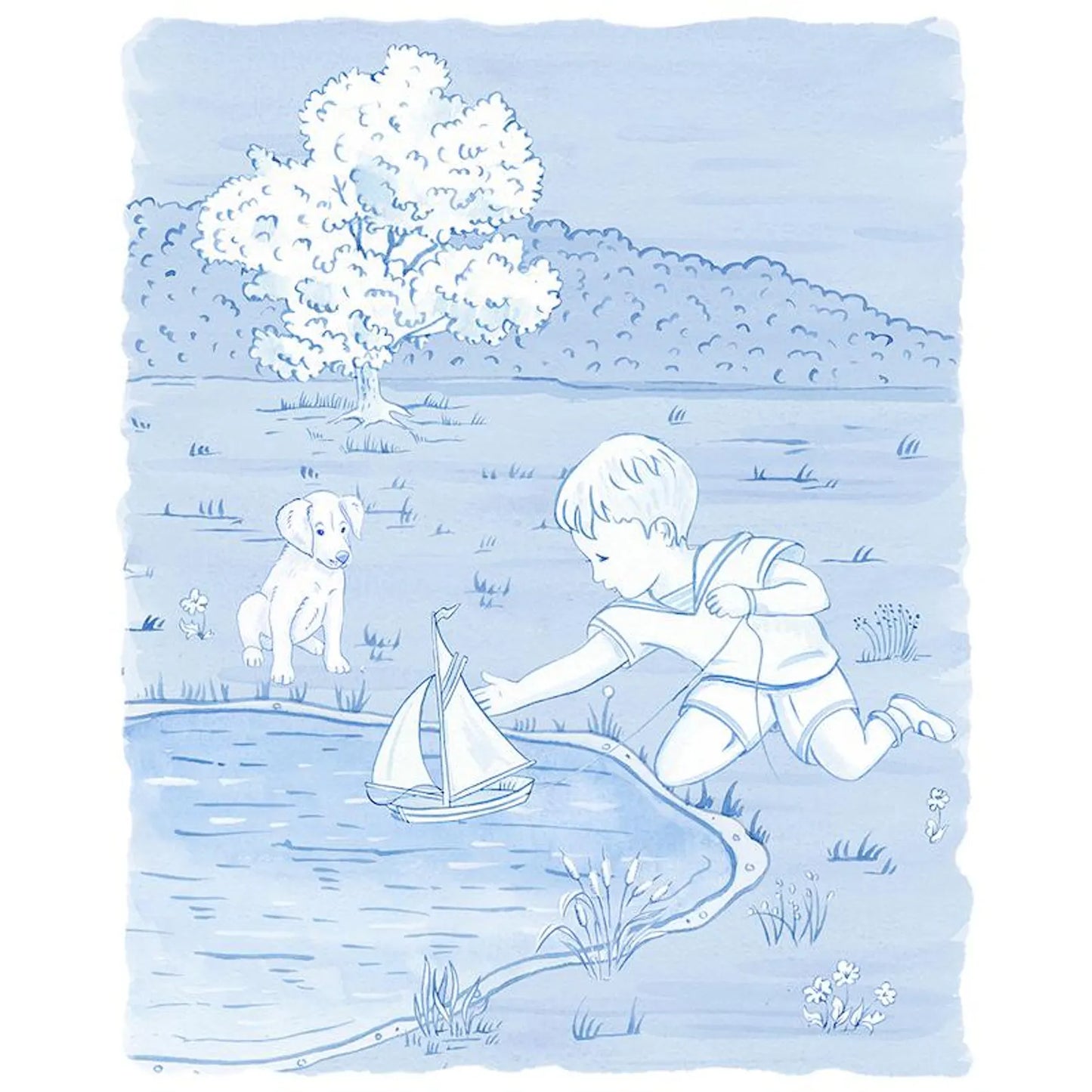 Boy, Puppy and a Boat Art Print