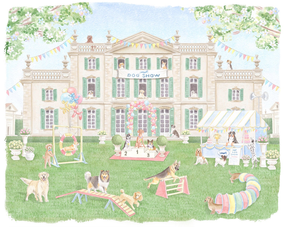 Parisian Chateau Dog Show Watercolor Art Print