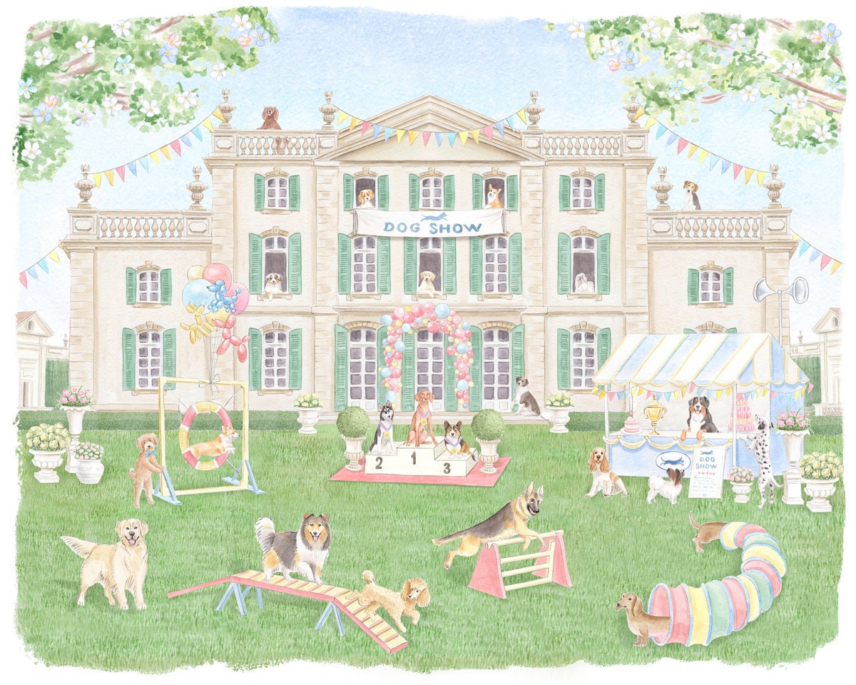 Parisian Chateau Dog Show Watercolor Art Print
