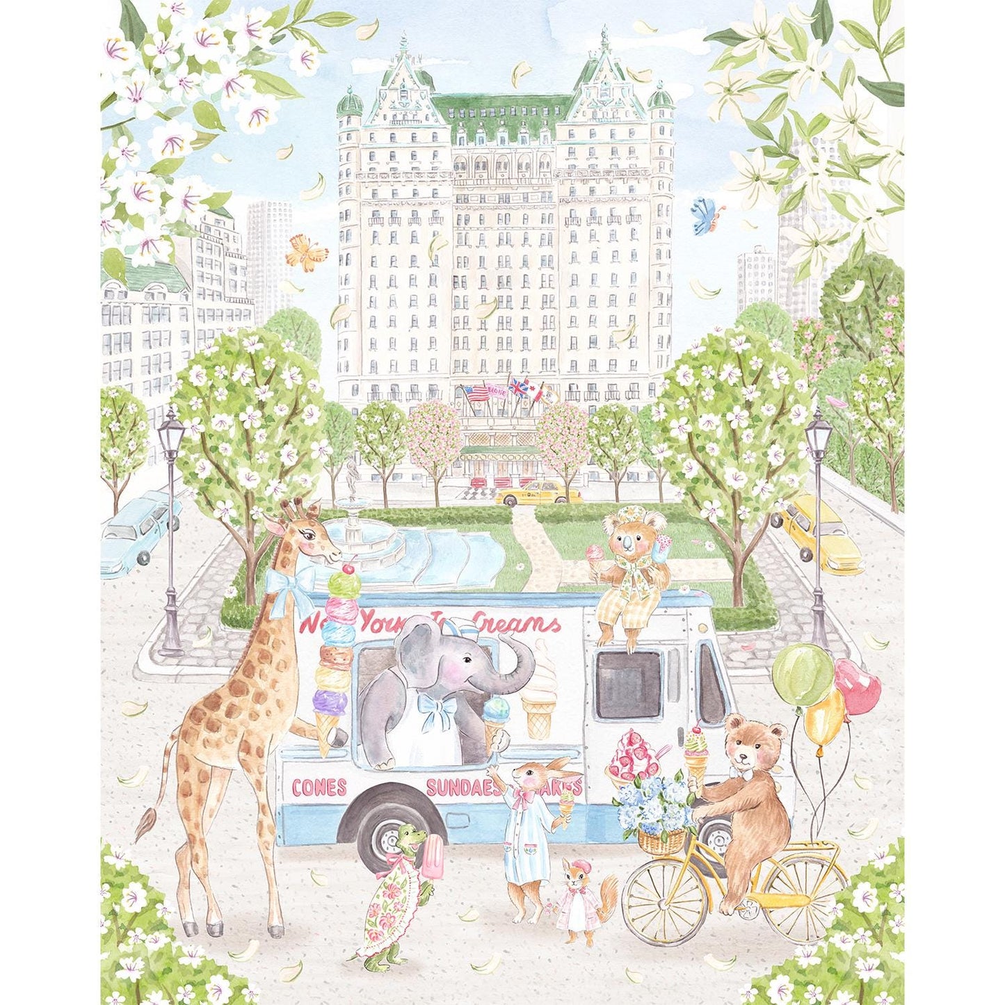 New York Safari Animals next to Plaza Hotel Art print